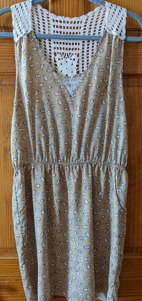 Cat Print Dress with Crochet back + Pockets - Peppermint - Size: L
